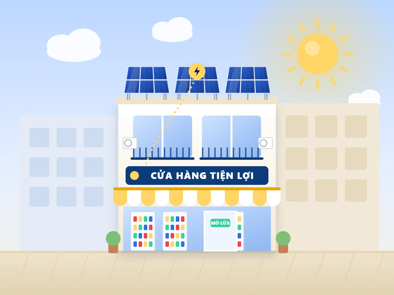 Minh họa cửa hàng tiện lợi có tấm pin mặt trời trên mái