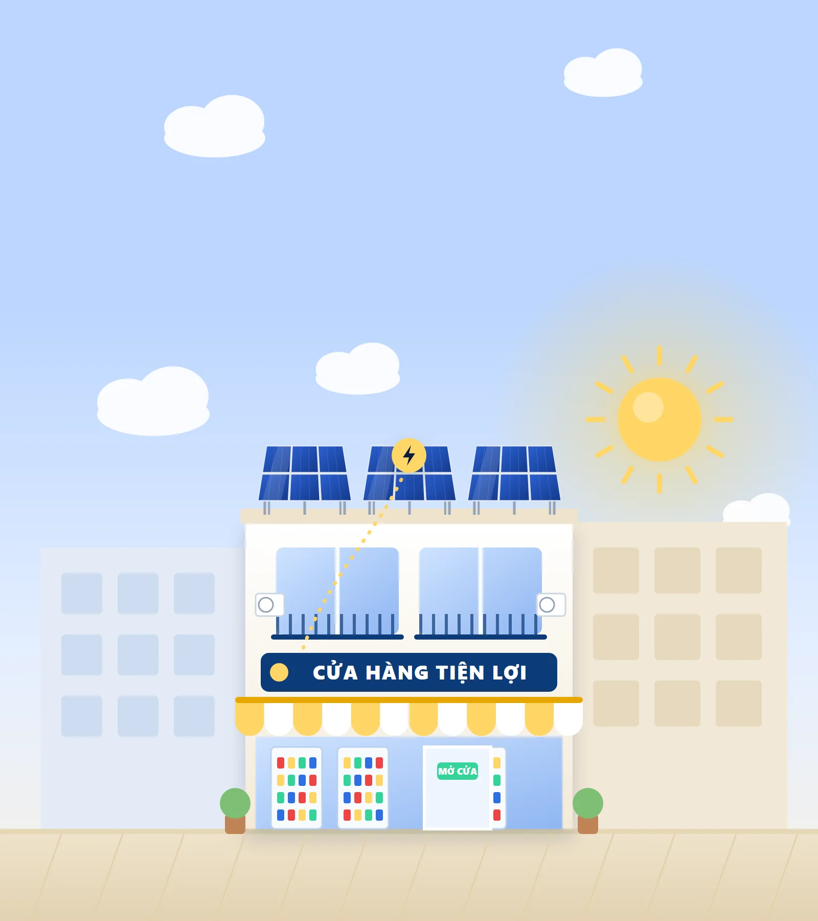 Minh họa cửa hàng tiện lợi có tấm pin mặt trời trên mái